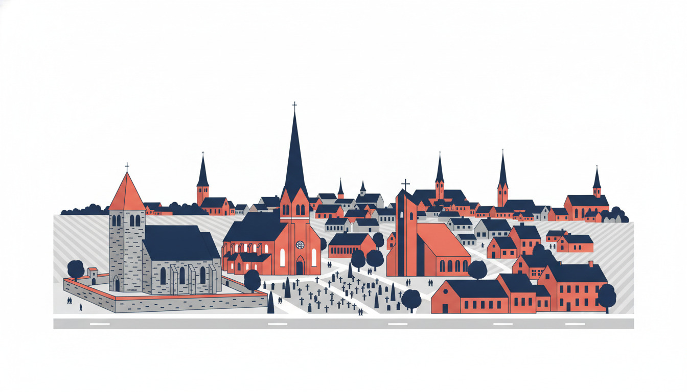 Fladvektorillustration af Fredericiaas skyline med flere historiske kirker med karakteristiske spir og kors, røde tegl- og grå stenbygninger, mørke tage og spredt fordelte træer på tværs af forskellige bydele.