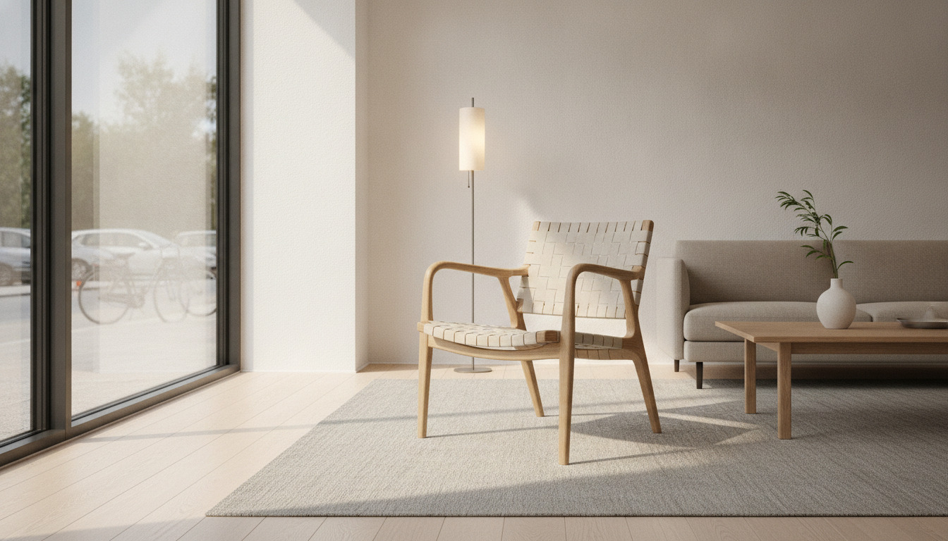 Minimalistisk Skandinavisk stue med træstol, sofa og naturligt lys fra vindue.