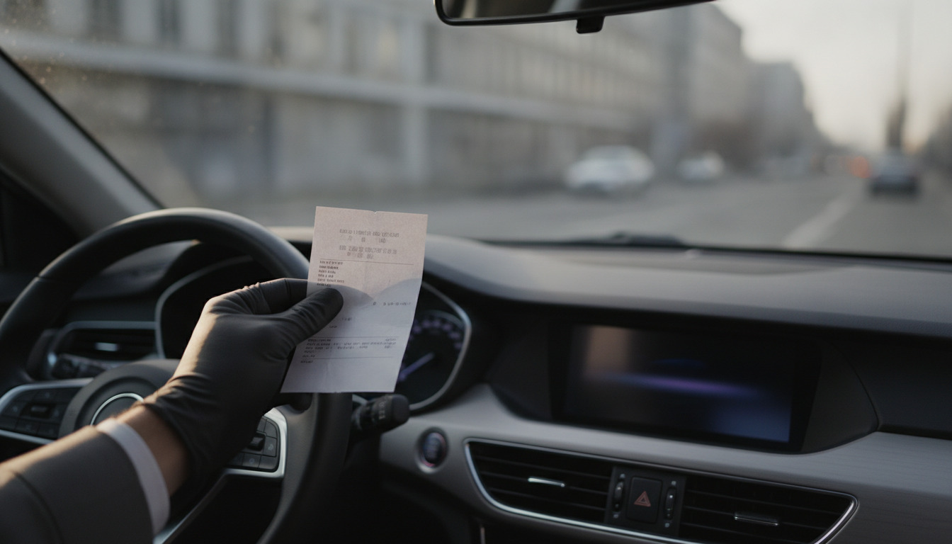 Hånd med sorte handsker holder parkering-billet ved rattet i bil, naturligt lys gennem forrude.
