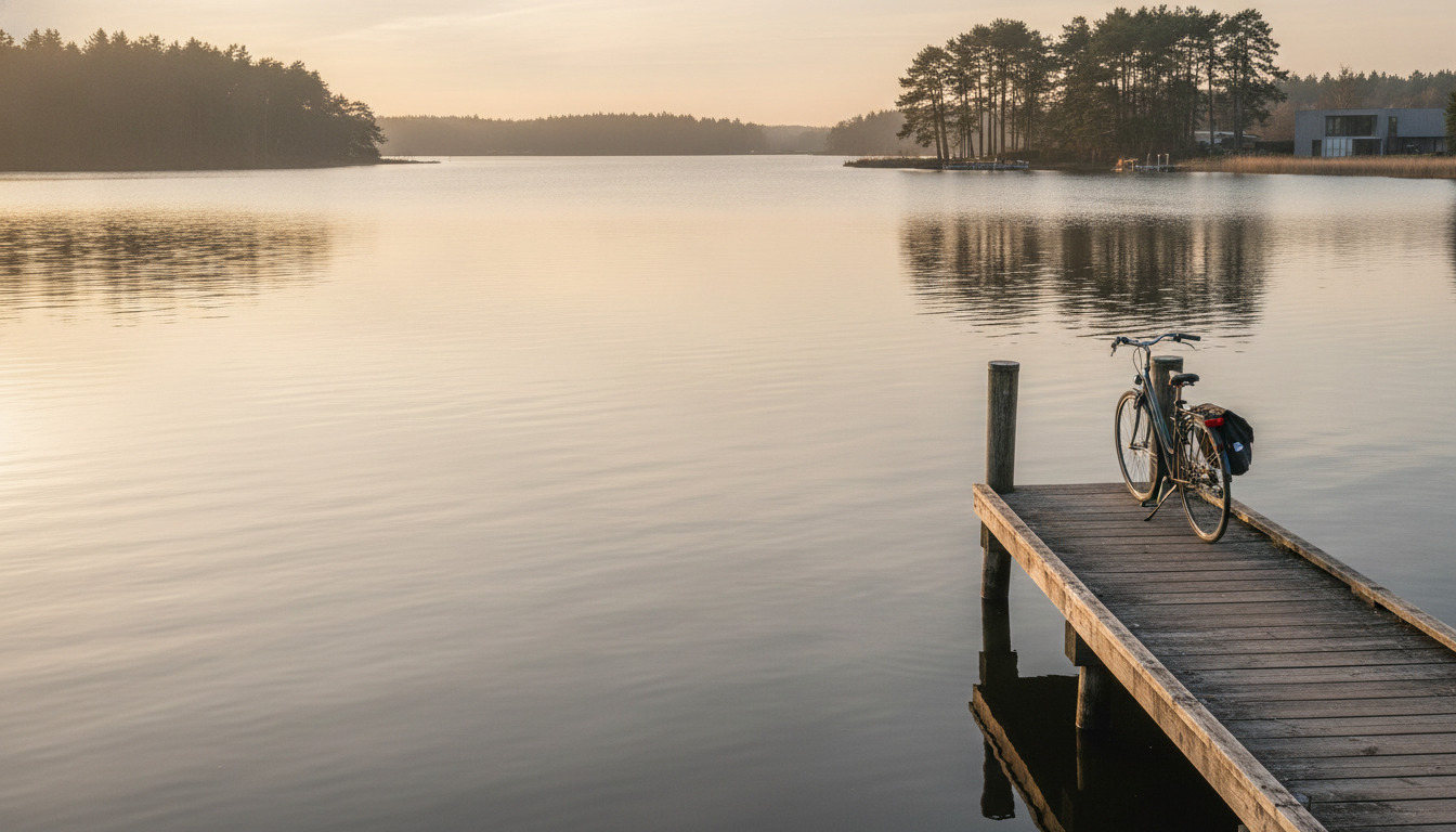 Cykel på en træponton ved stille søvand med pine-træer og solfald — generisk dansk naturscene.