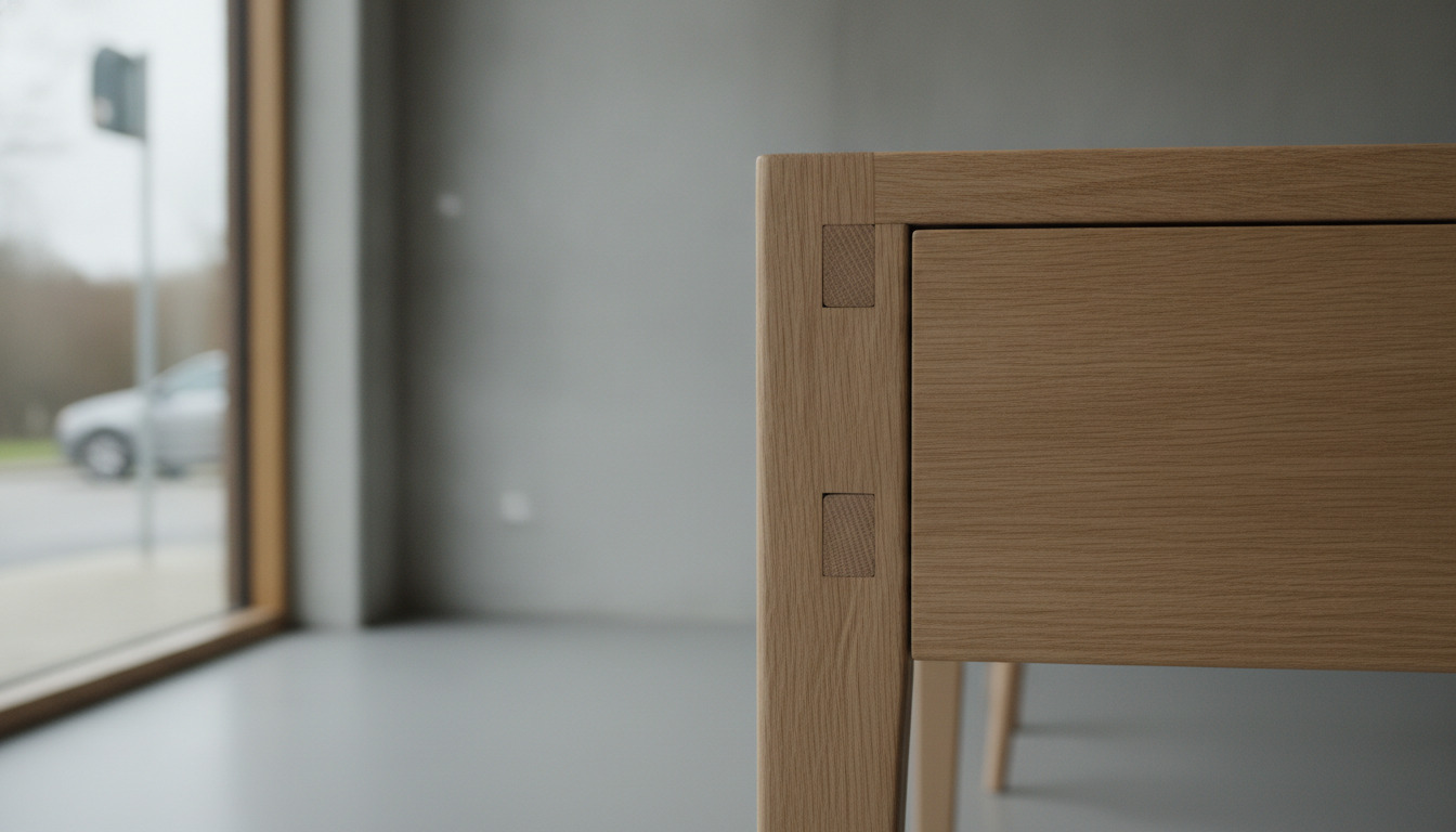 Detaljeret nærbillede af minimalistisk træmøbel med håndværksmæssige samlingsfiner og geometriske linjer i skandinavisk design.