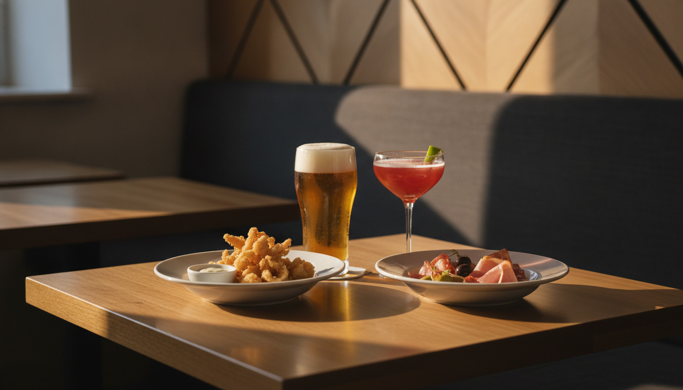 Ølglas og cocktail med appetizer-tallerkener på træbord med varmt lys.