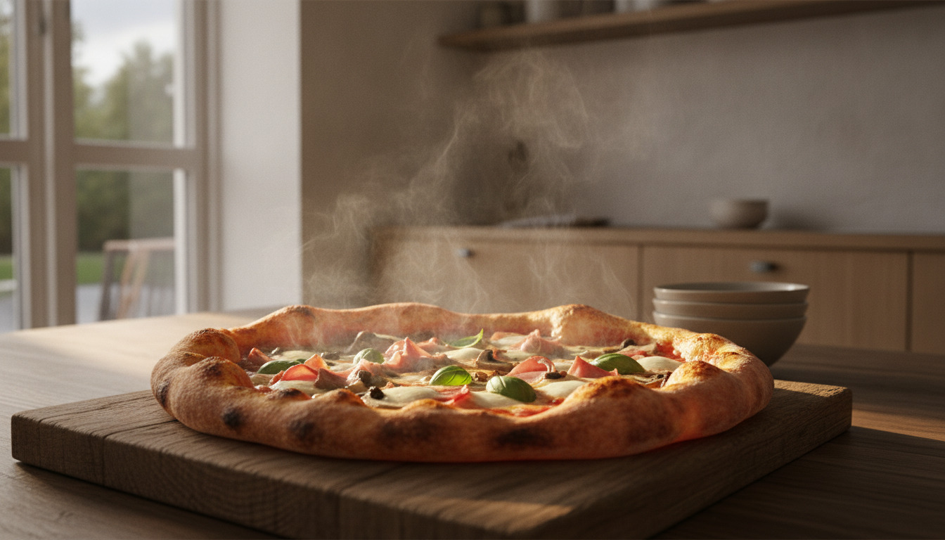 Friskbagt pizza med smeltende ost og grøntsager på træbræt, gylden skorpe og dampende overflade.