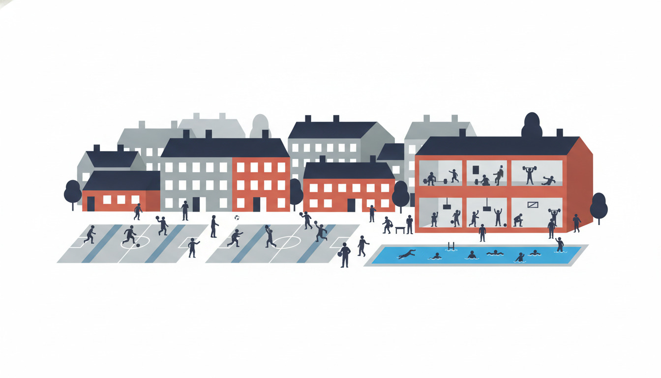 Solbergs sportscenter: levende fladtvektor-illustration med rødt mursten-fitnesscenter med aktivitetsvinduer, udendørs fodbold-/håndboldplaner med spillere og blåt svømmebassin med svømmere, omgivet af boligbygninger og træer.