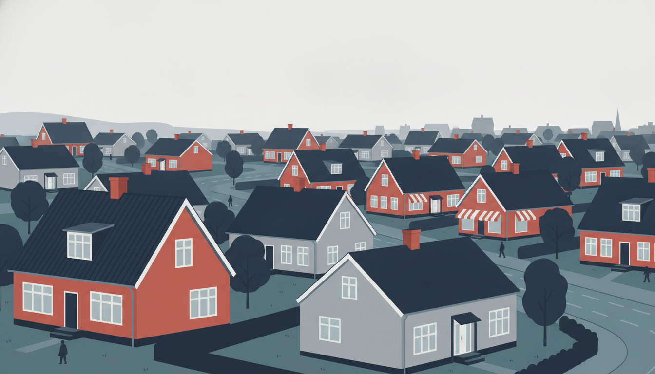 Fladvektor-illustration af et dansk boligkvarter i Børkop, som viser varierede enfamiliehuse med skrå tage, røde og hvide facader, mørkt tag, hvide vinduesrammer og spredt placerede træer blandt stille gader.