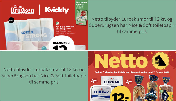Netto tilbyder Lurpak smør til 12 kr. og SuperBrugsen har Nice & Soft toiletpapir til samme pris
