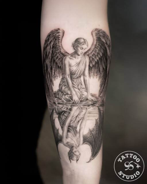 Tattoo Studio 96 præsenterer Alexys' engel/dæmon spejlbillede i et dramatisk design