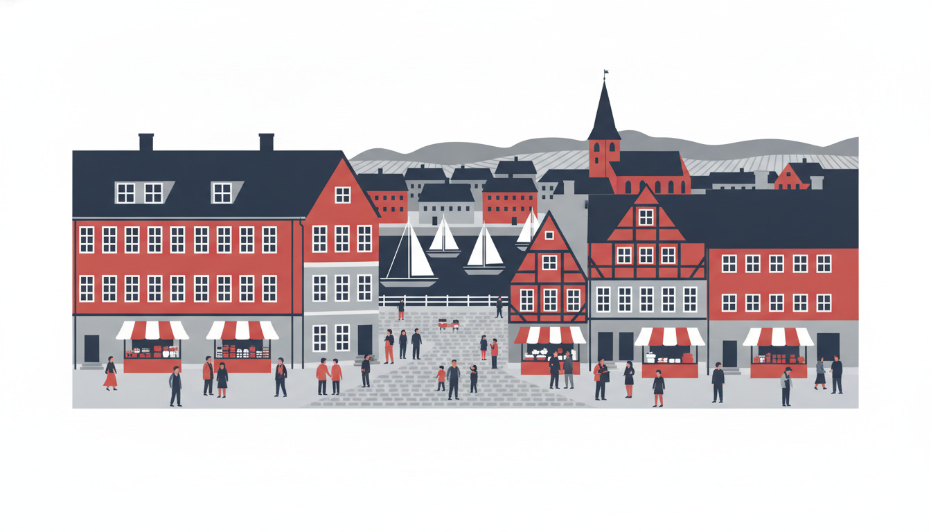Bogense havnefront med røde og grå træhuse, middelalderkirke med østvendt tårn, sejlbåde i havnen og travlt torv med mennesker og markeder.