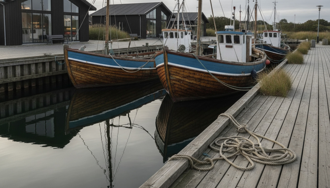Træbåde fortøjet ved højtidsstille båddok med tausamlinger på træponton og stille vandreflekser.