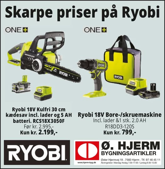 Øster Hjerm Bygningsartikler har tilbud på Ryobi-værktøj