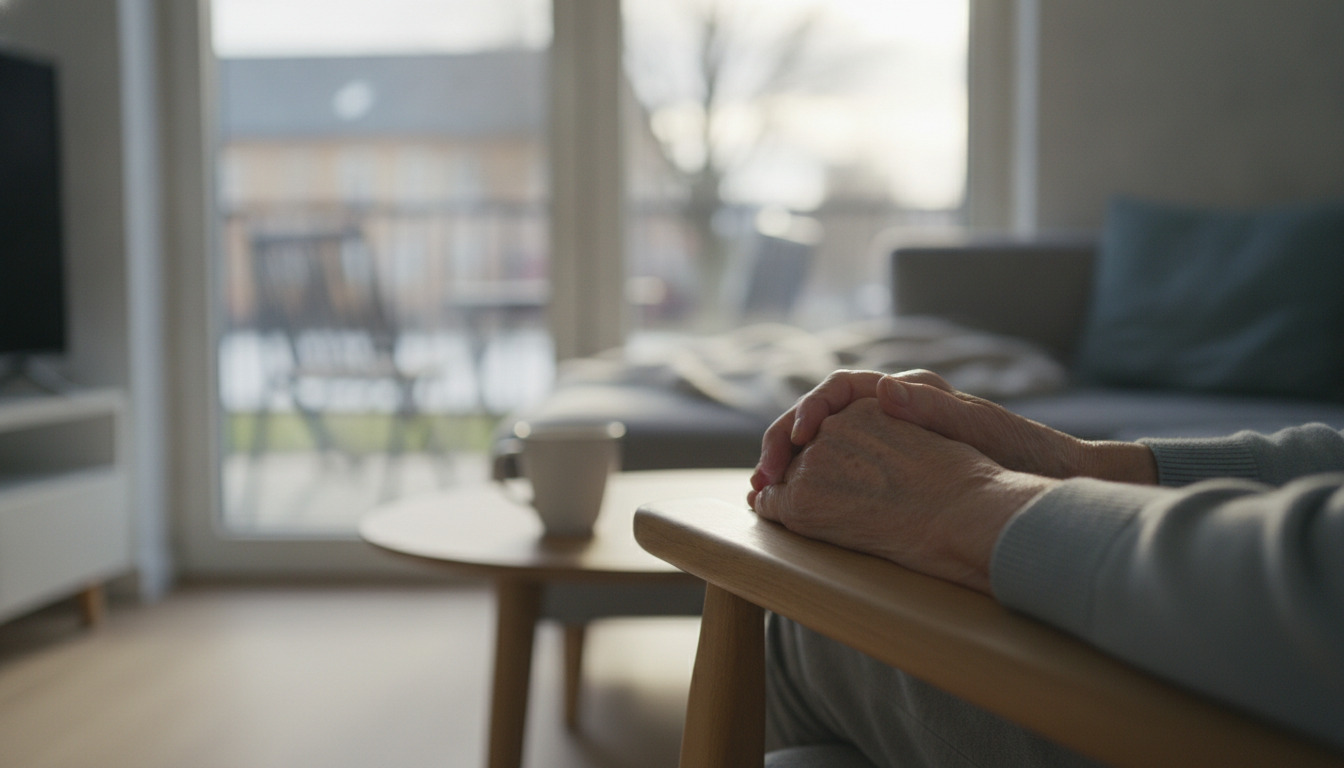 Ældre person hviler hænder på træarmløber i varmt dagslys gennem vindue.