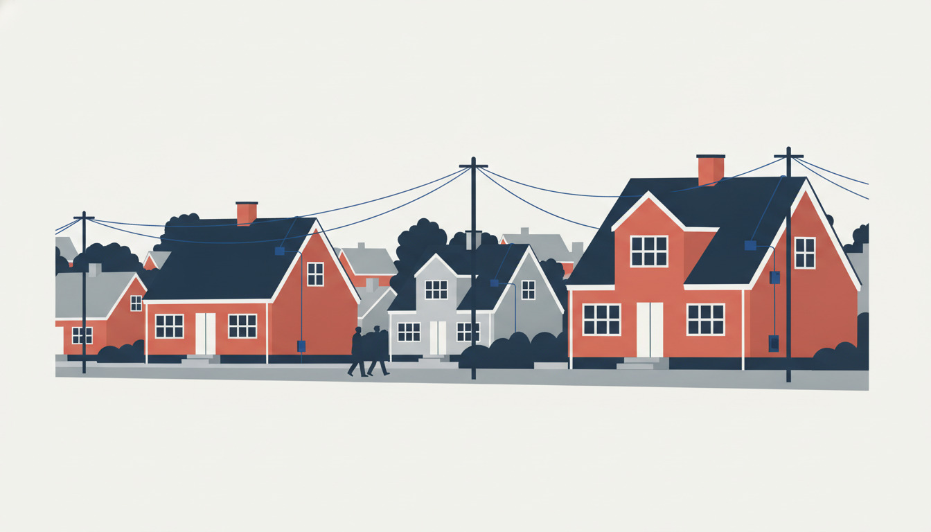 En generisk dansk boligvej med røde teglsten- og grå huse med mørke tage, elledninger og elstolper – men uden synlig fiberoptisk infrastruktur eller digitale forbindelsesindikatorer.
