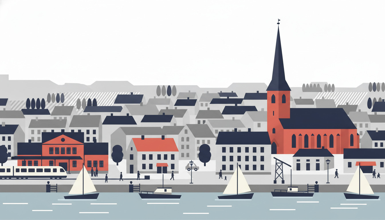 Stiliseret fladvektor-illustration af Sønderborg-vandkanten, der viser en rødbaksten kirke med højt spir, havn med sejlbåde, jernbaneinfrastruktur, offentlige bygninger og bybillede langs vandet.