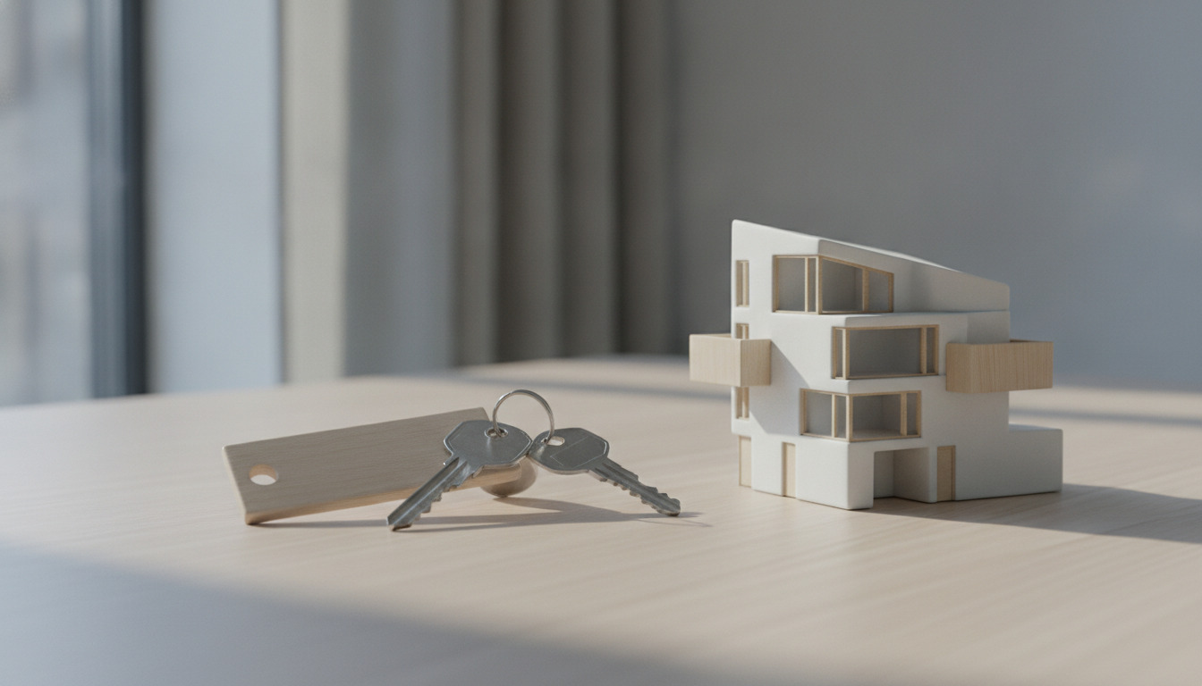 Nøgler med minimalistisk tag og arkitekturmodel af moderne boligblok på træbord i dagslys.
