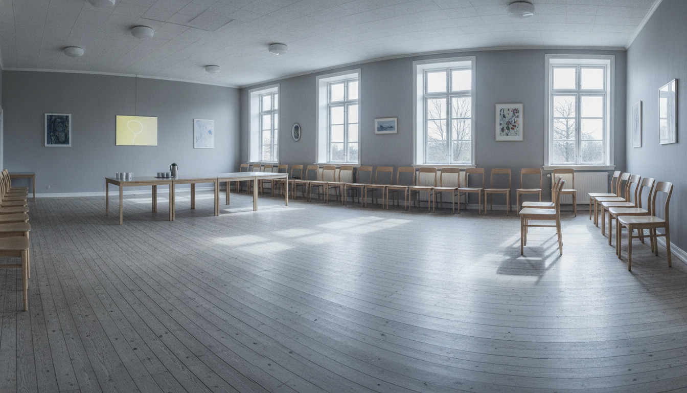 Træstole og slidte gulvbræder i blidt nordlys fra høje vinduer – detalje fra en simpel samlingslokale.