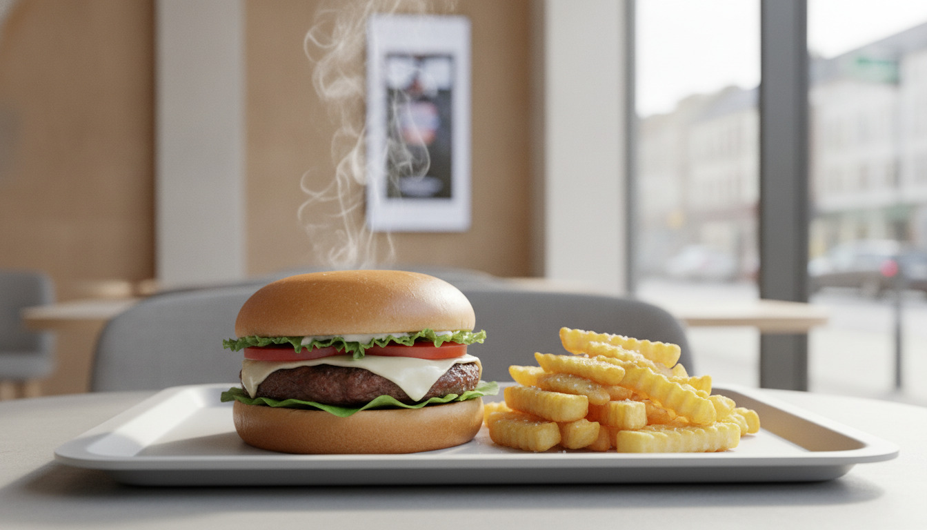 Nærbillede af burger med ost, tomat og salat samt pommes frites på hvid tallerken.