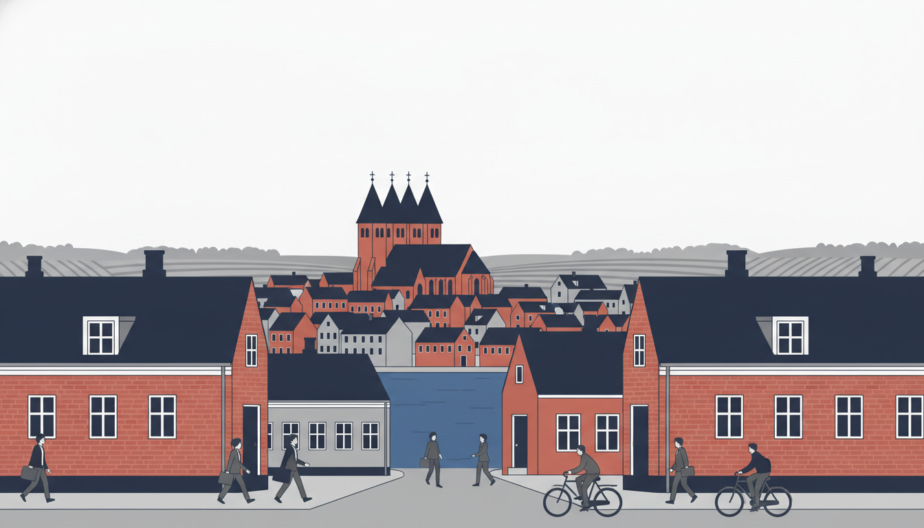 Kalundborgs ikoniske Vor Frue Kirke med fem karakteristiske tårne rejser sig over røde murstenens byhuse og en gade ved vandkanten med gængere og cyklister.