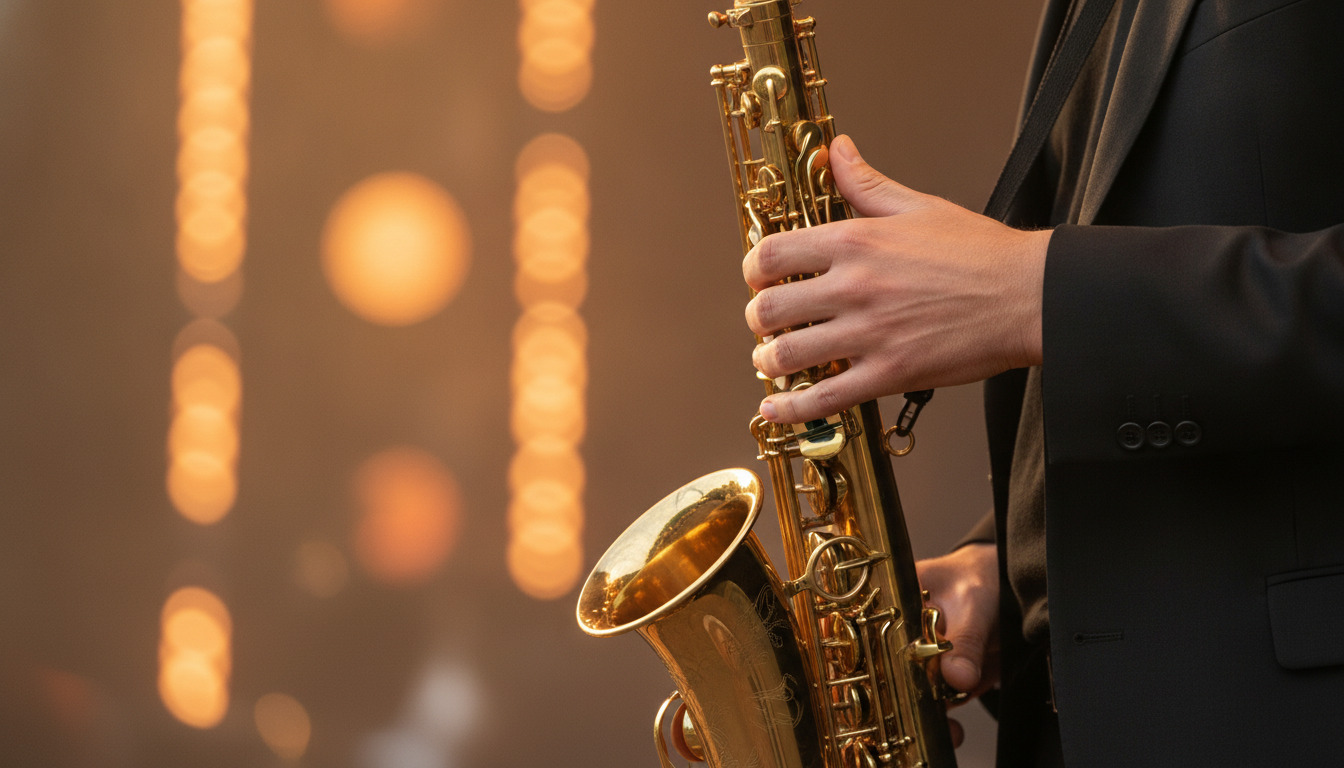 Nærbillede af musikers hænder på saxofon med varm scenelys i baggrunden.