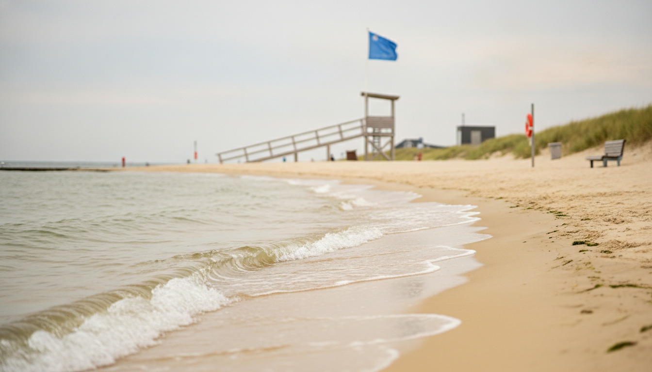 Nærbillede af bølger og skum på en stille sandstrand under overskyet nordisk lys.