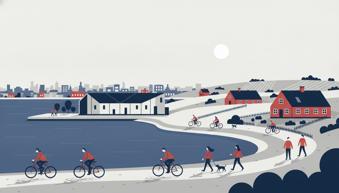 Flad vektorillustration af Ringkøbing Fjords kystlandskab: roligt blåt vand, sandstrande, cykelryttere og gåere der nyder aktiviteter ved vandet, traditionelle røde landbrugshuse blandt klitter, en moderne havnefront-bygning og en fjern bystakkel under svag himmel.