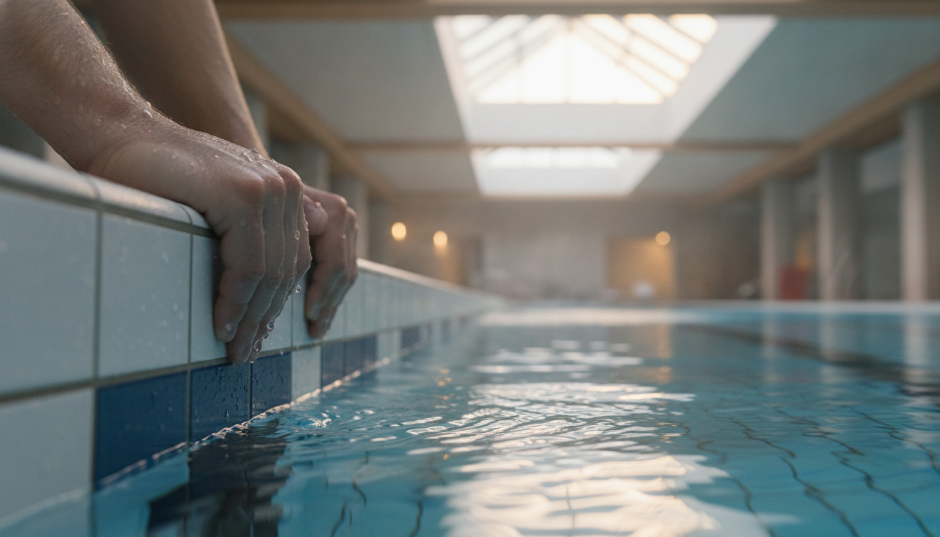 Tæt billede af hænder, der griber poolkanten, med vanddråber på våd hud og fliser.