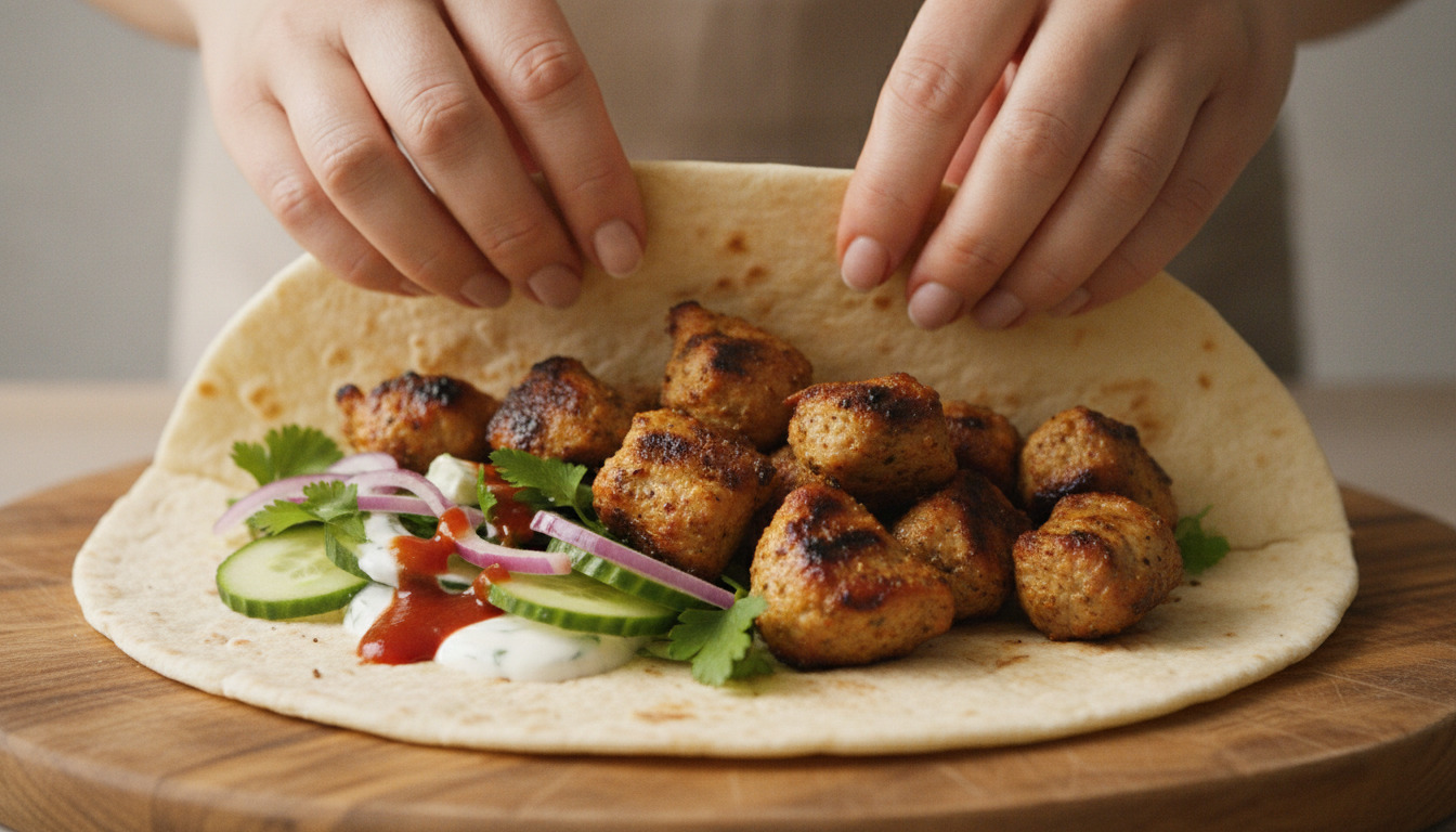 Hænder holder og samler en kebab-wrap med grillede kødboller, friske grøntsager og saucer på fladbrød.