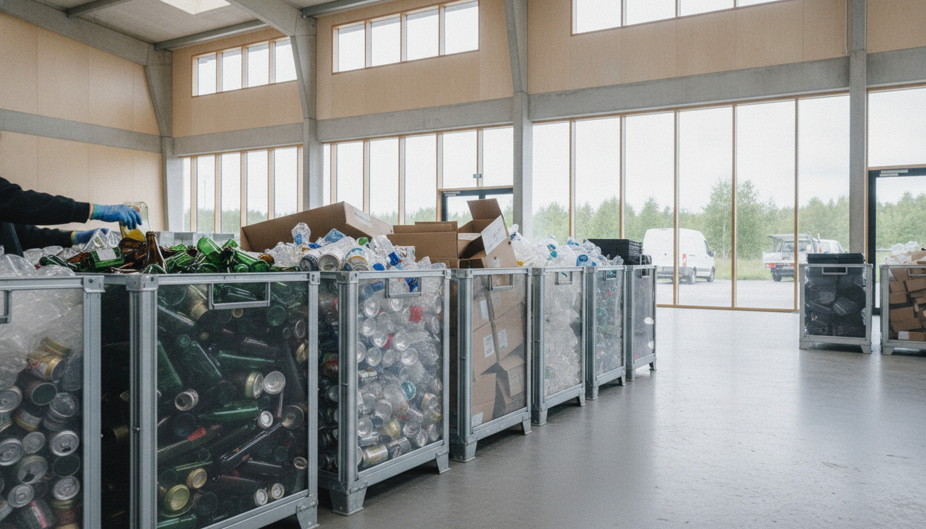 Gennemsigtige sorteringsbeholdere fyldt med farvet glas, metal og plastaffald på et genanvendelsescenter.