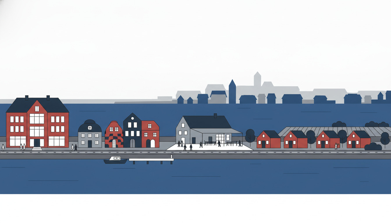 Svendborg waterfront med forskellige overnatningsbygninger: rødt familiehotel til venstre, grå og røde boutique-bygninger i midten, samt små røde feriehytter til højre langs kysten med båd og vand i forgrunden.