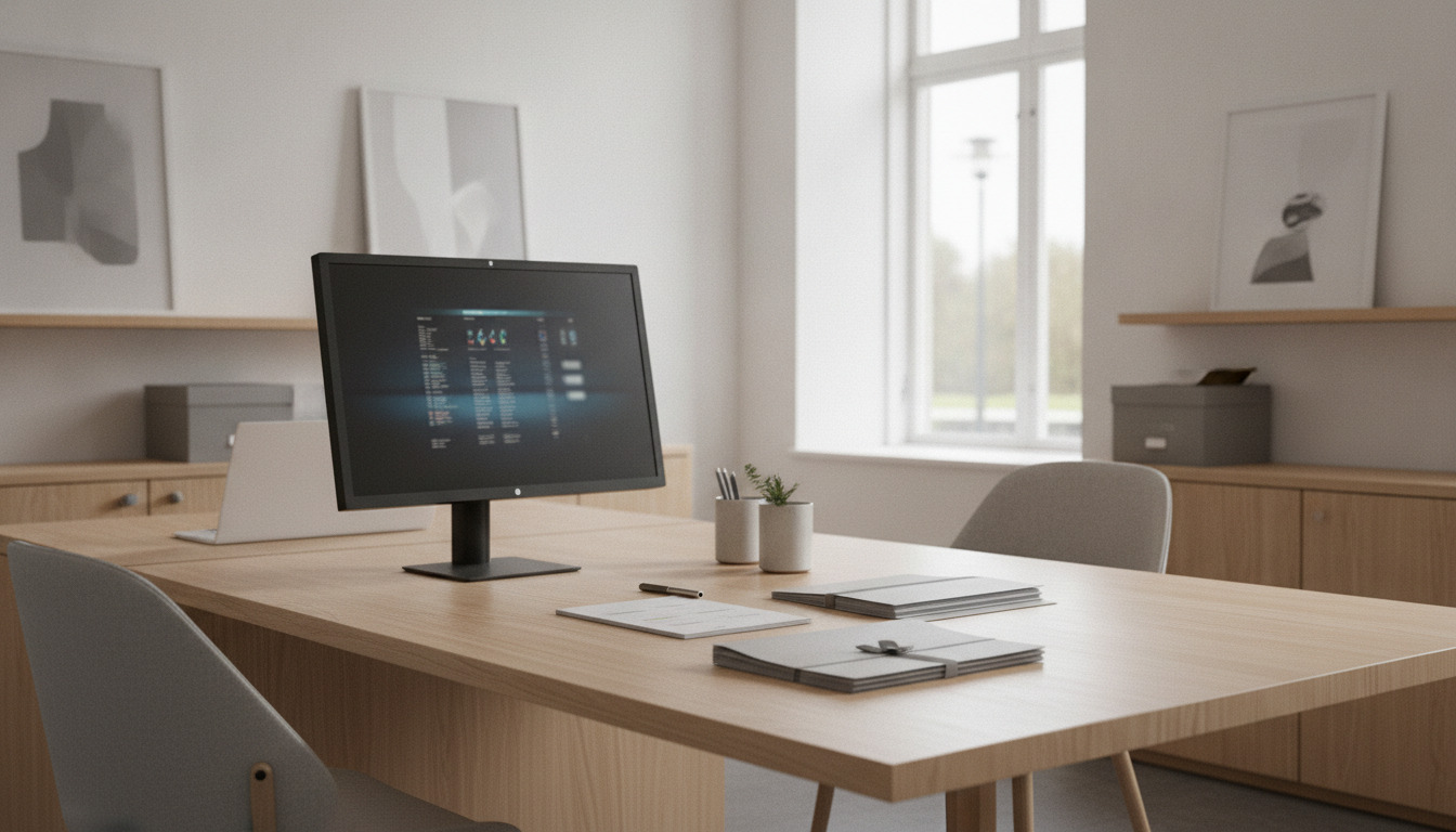 Træbord med computerskærm, papirer og kontorartikler i minimalistisk Skandinavisk indretning.