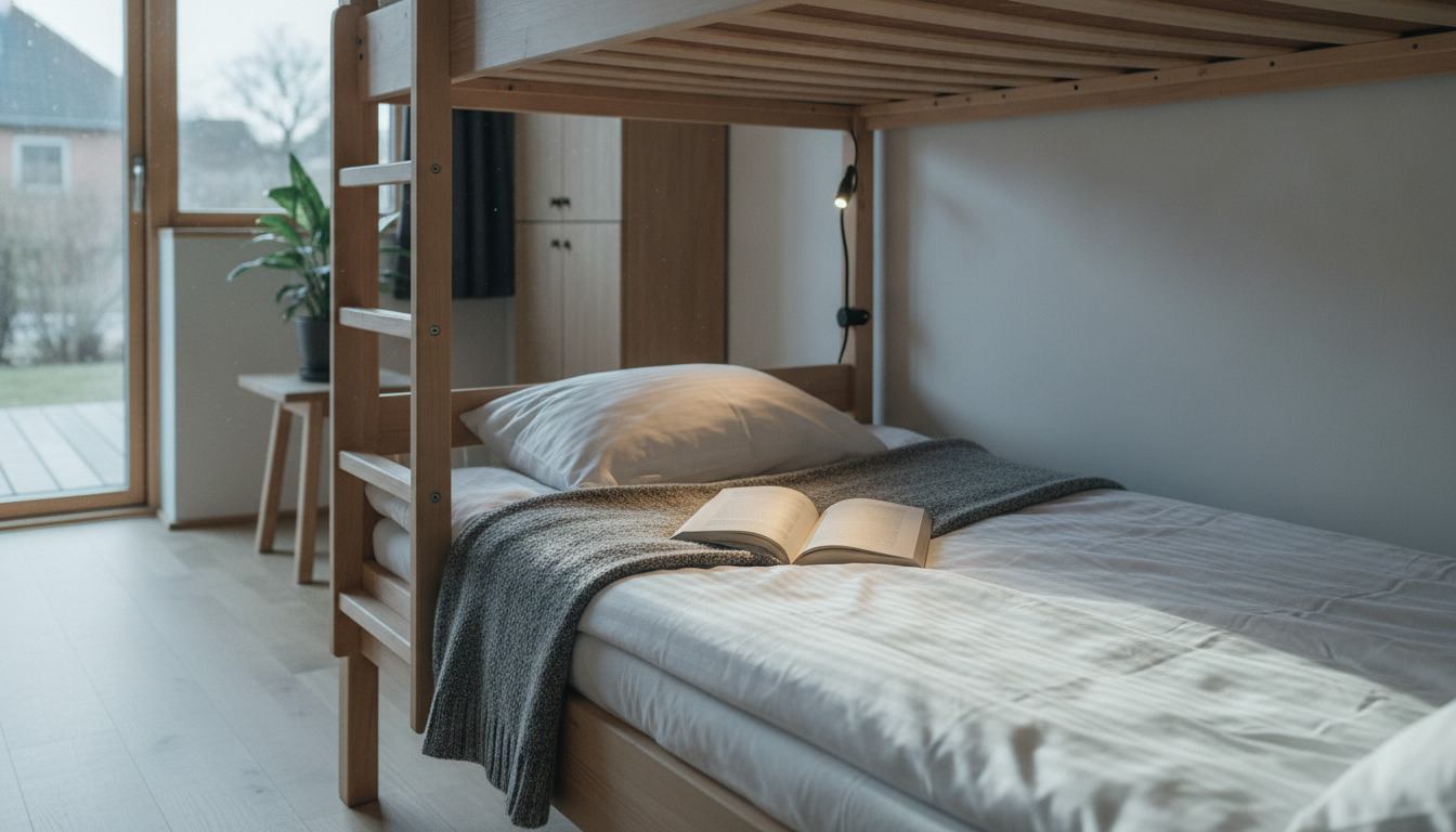 Åbent bog på hyggelig bunkbed med hvidt sengetøj og grå tæppe i skandinavisk stil.