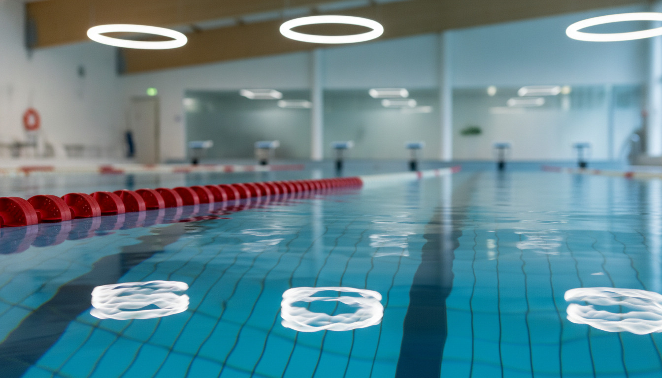 Nærbillede af swimmingpools vandoverflade med røde lane-deler og reflektioner af lys, set fra poolkanten.