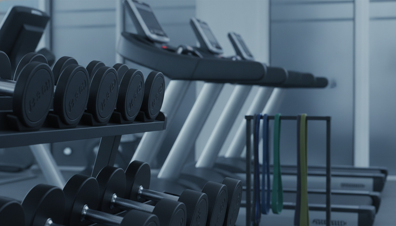Træningsudstyret i et fitnesscenter med håndvægte på stativ og træningsapparater.