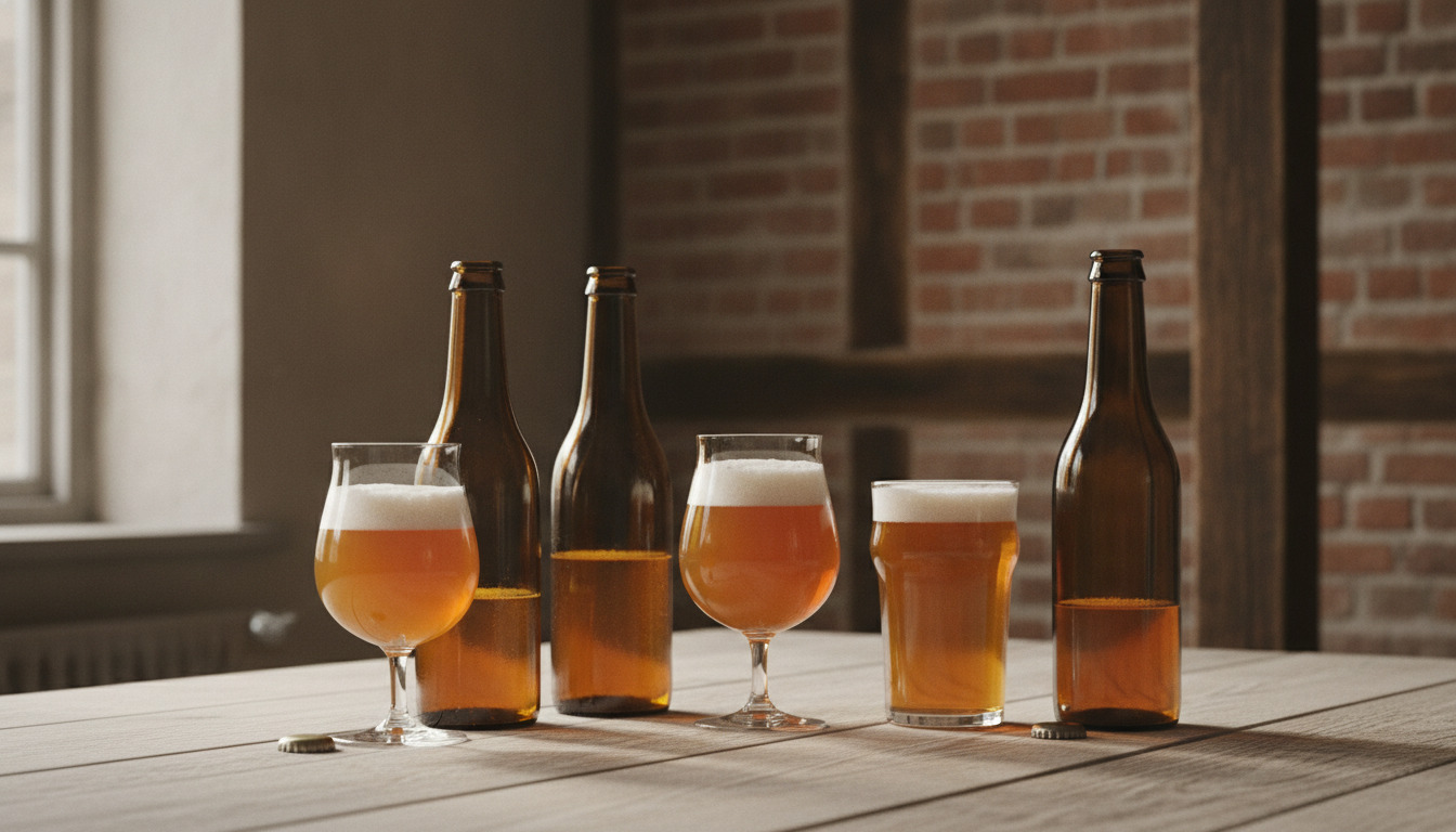 Ølglas og flasker med øl på et træbord. Detalje af håndværkerbryggeri-setting med varm belysning.