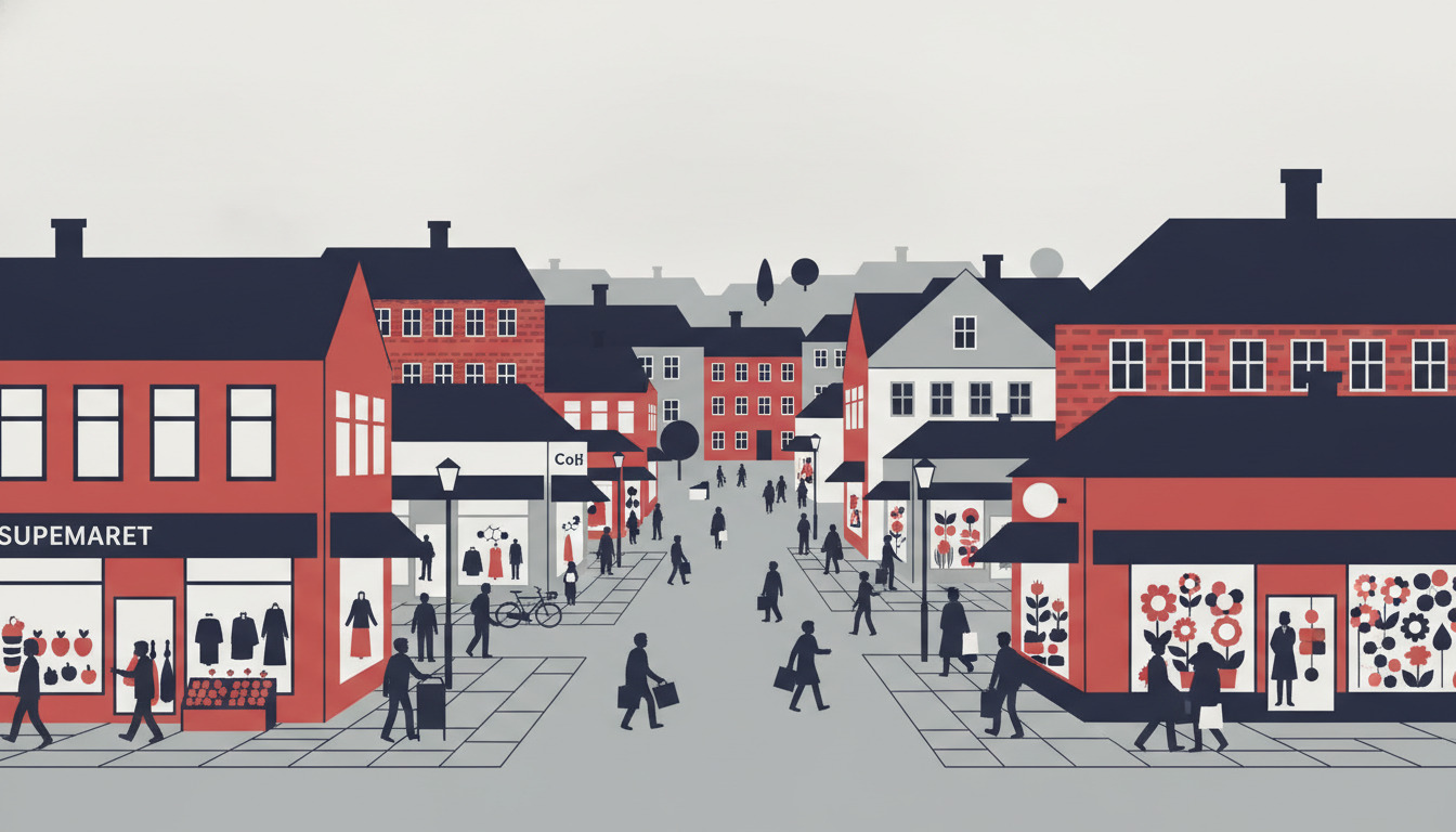 Livlig indkøbsstrasse i dansk by med butiksfacader, mennesker i bevægelse, supermarked, blomsterhandel og lokale forretninger. Karakteristisk dansk arkitektur med røde mursten og sorte tage.