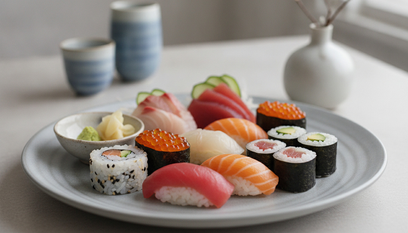 Elegantly arrangeret sushistykker på hvid keramikplade med japansk inspiration i nordisk minimalistisk setting.