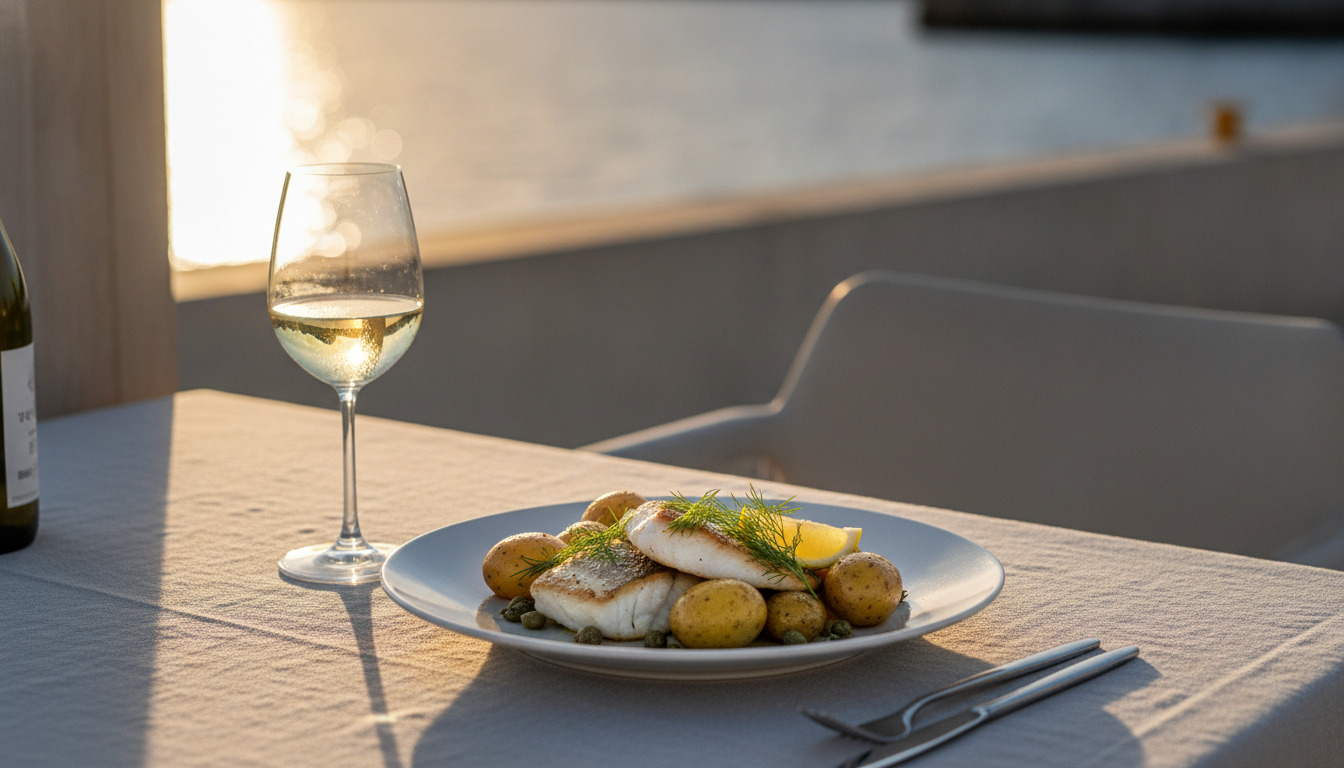 Detaljeret billede af en hvid fiskefilet med nye kartofler og dild på hvid tallerken ved siden af et glas hvidt vin i gulligt lys.