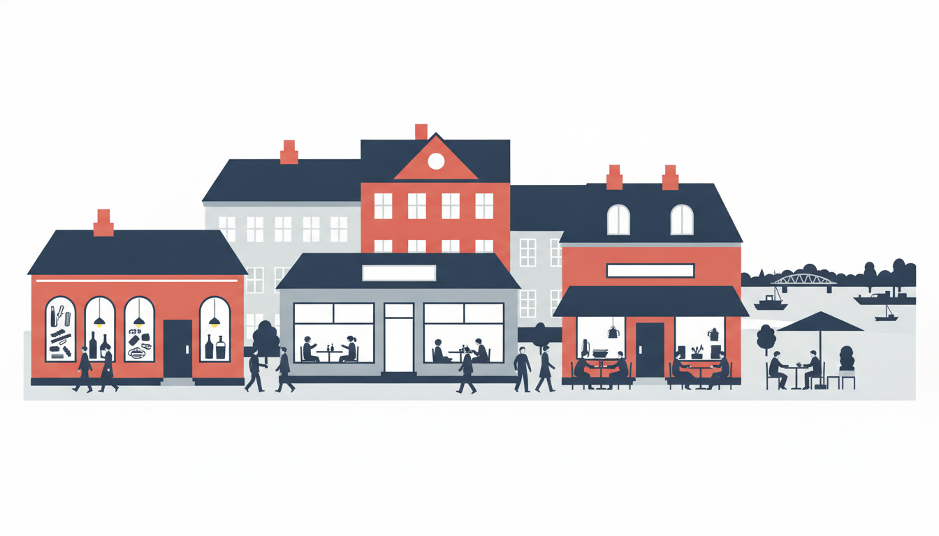 Vibrant dansk gadeplan med forskellige spisesteder: rødt italiensk restaurant med oplyst vinduer, uformelt spisested med store vinduer, café med udendørs siddepladser, havn med både synlige i baggrunden.