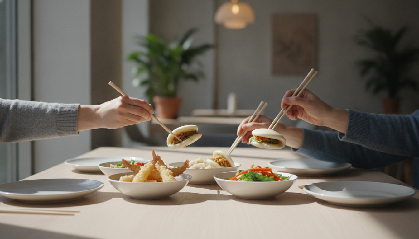To hænder med spisepinde nyder asiatiske retter ved et bord – tempurashrimps, baobuns og grønsager.