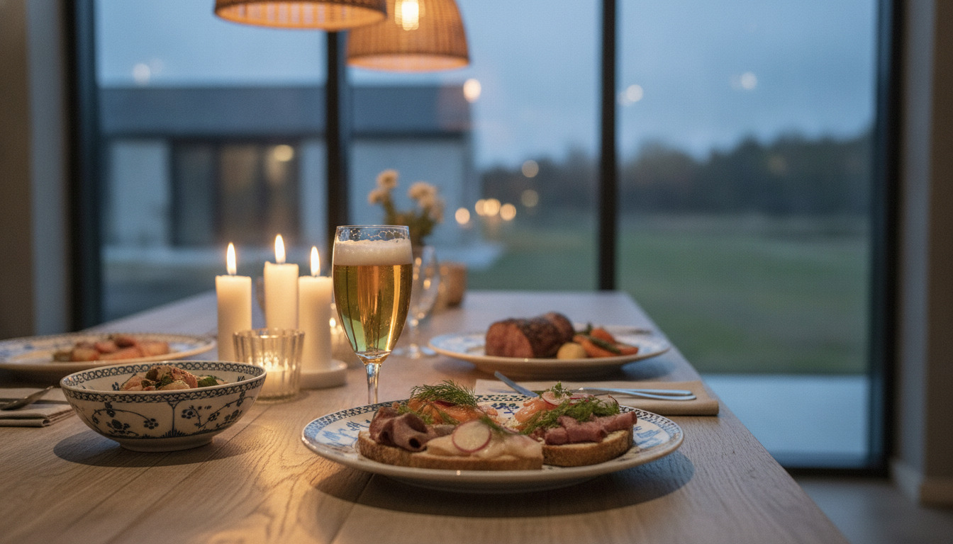 Festligt dækket bord med smørrebrødtallerken, øl, stearinlys og blåt keramik set fra oven i varm aftenlys.