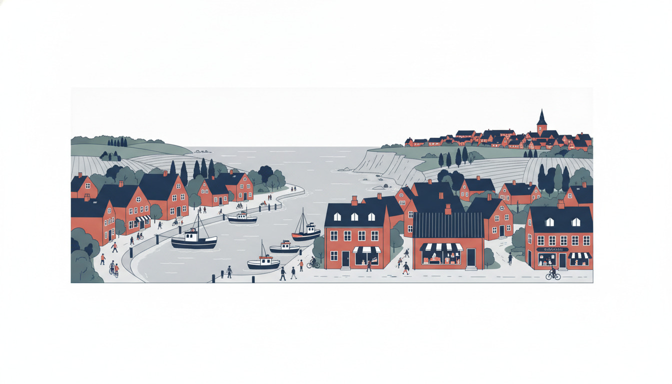 Øen Ærø set fra luften: tre charmerende kystbyer med farvede huse, fiskerbåde i havner, bølgende bakker, landbrugsland og kystklinter – et karakteristisk dansk ølandskab.