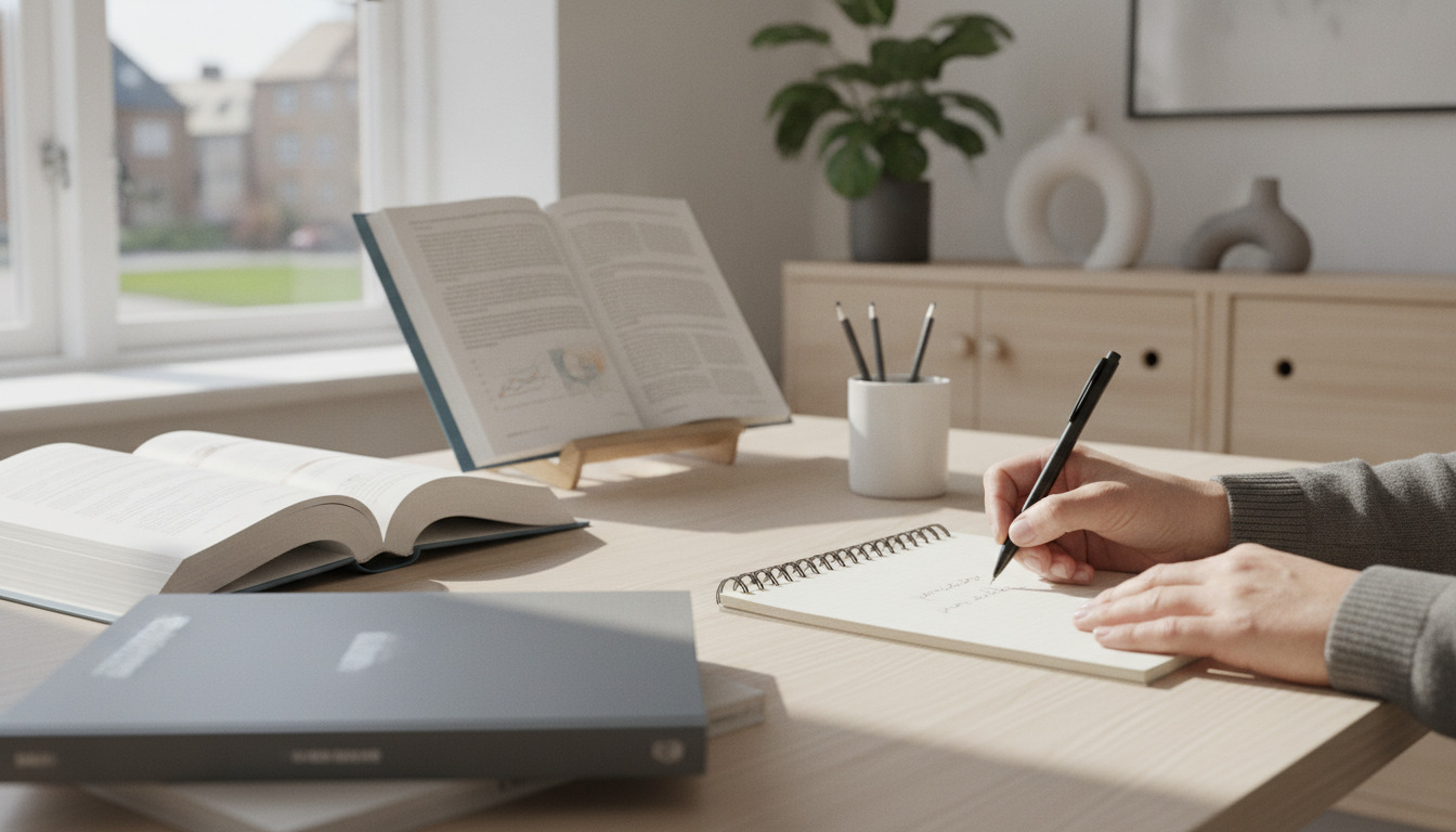 Voksne hænder skriver noter ved et studiedesk med åbne bøger, notesbog og skolesager i dagslys fra vindue.