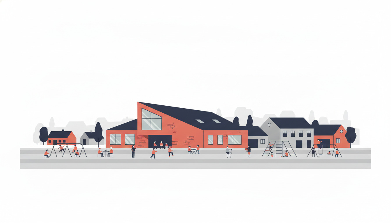 Flad vektorillustration af en moderne dansk grundskole med store vinduer og indbydende indgang, omgivet af børn og pædagoger på en legeplads med legetøj, boligtagsten og træer i baggrunden.