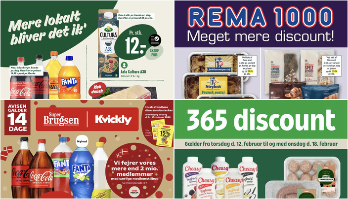 SuperBrugsen tilbyder Coca-Cola til 11 kr. og Arla Cultura A38 til 12 kr. hos Min Købmand