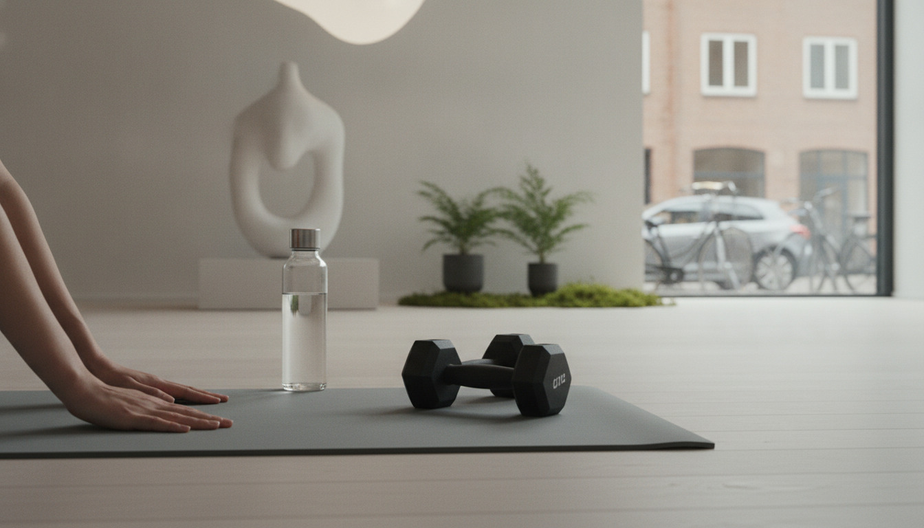 Hånd på yogamåtte med håndvægte og vandflaske i minimalistisk interiør med nordisk dagslys.