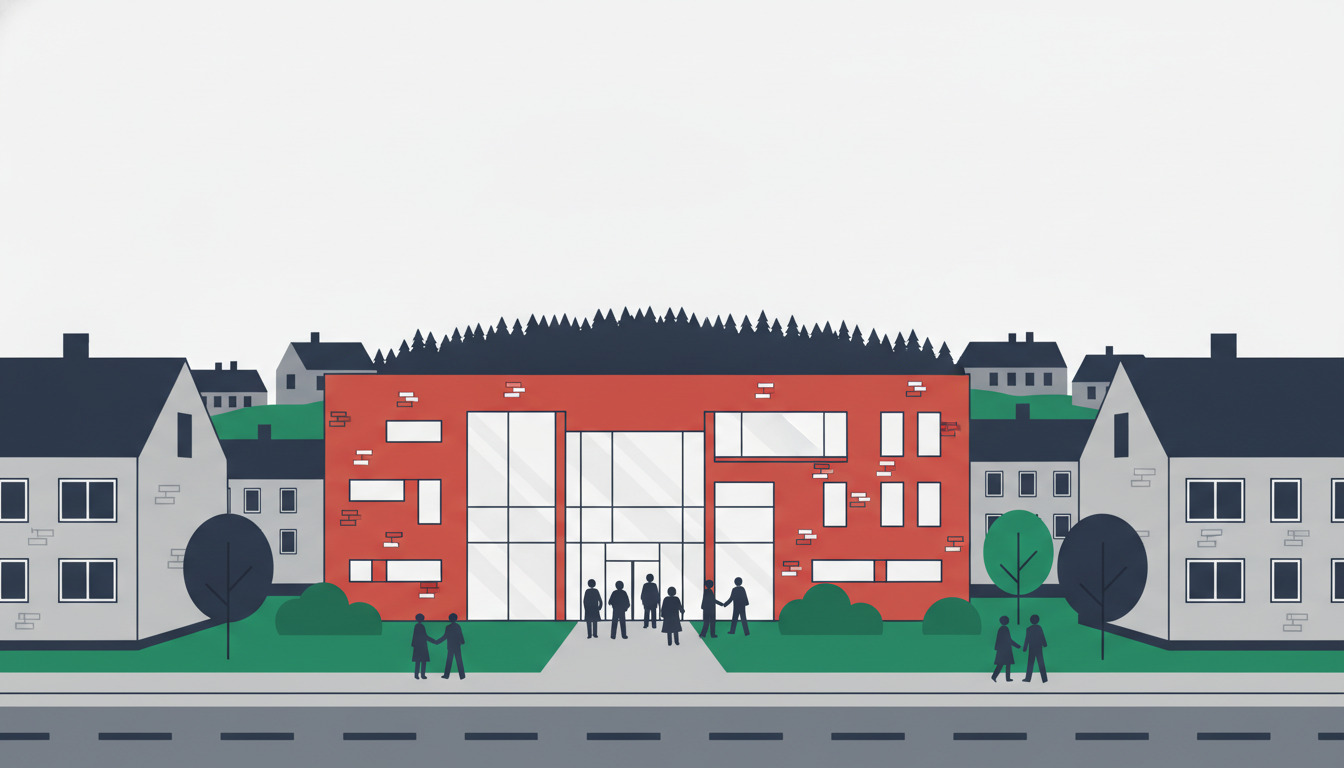 Albertslund Kommunes moderne kommunekontor med rød og hvid facade, store indgangsvinduer, omgivet af forstadsbebyggelse og grønt landskab med skovbaggrund.