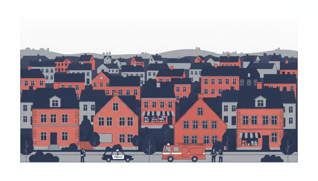 Solbjerg suburb med politibil og brandbil foran røde og grå Skandinaviske huse, uniformerede beredskabsfolk ved køretøjerne, trælinjer.