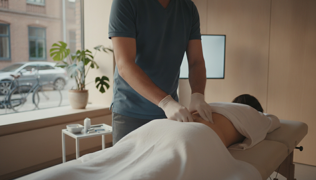 Tæt billede af terapeuthænder i hvide handsker under rygradsbehandling på patientens nederste ryg.