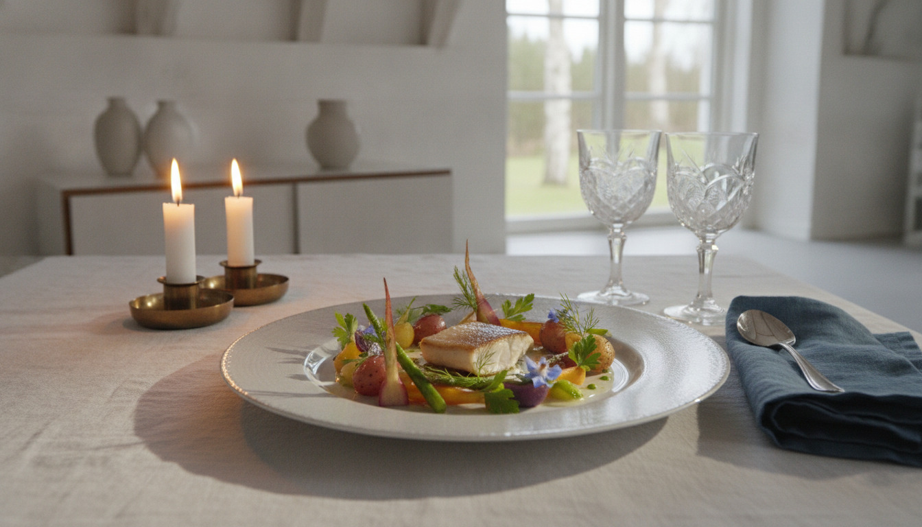 Elegant anrettet ret med grøntsager og blomster på hvid tallerken, lys fra stearinlys og krystalglasset ved siden af.