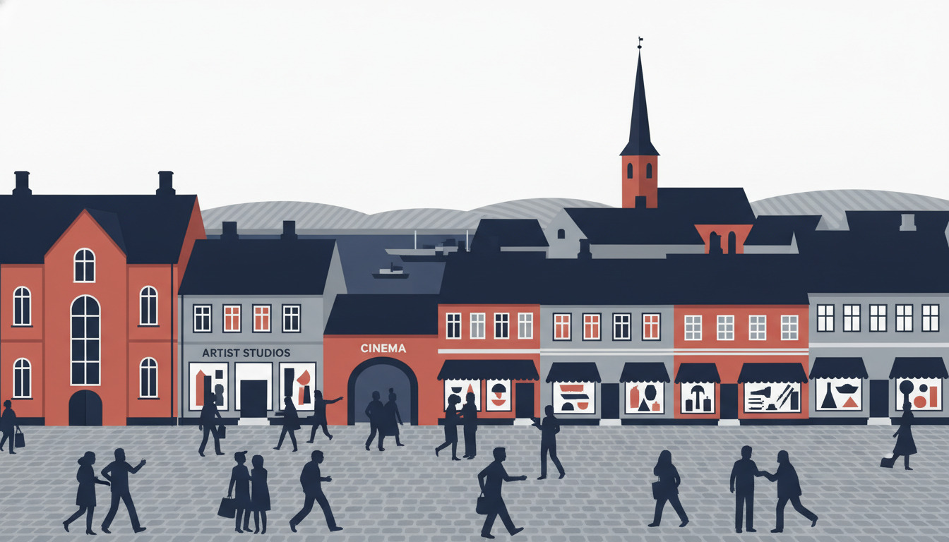 Ebeltoft byplads med røde mursten-bygninger, der huser kunstnerateliers, biograf og kulturelle værdisteder, kirketårn rejser sig bag, mennesker bevæger sig over det brolagte torv.