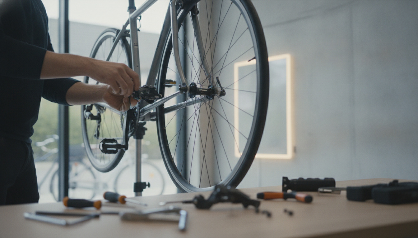 Hånd justerer cykelgear på arbejdsbænk omgivet af værktøj i diffust nordisk dagslys.